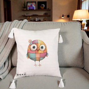 Perna Decorativa Pasare Patchwork Colorata, 40x40 cm, Bej cu Franjuri, Husa Detasabila, Perna Inclusa, BEKZ®