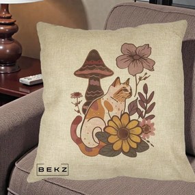 Perna Decorativa Pisica Vintage Florala Boho, 40x40 cm, Crem, Husa Detasabila, Perna Inclusa, BEKZ®