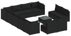 Set mobilier de gradina cu perne, 13 piese, negru, poliratan Negru, 3x colt + 9x mijloc + masa, 1
