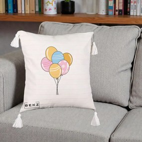 Perna Decorativa Baloane Petrecere, 40x40 cm, Bej cu Franjuri, Husa Detasabila, Perna Inclusa, BEKZ®