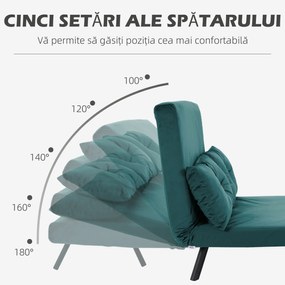 HOMCOM Canapea Dubla Extensibila 3 in 1 Catifea cu Spatar Reglabil pe 5 Niveluri si Perne Capitonate, Verde marin | Aosom Romania