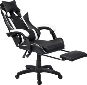 Scaun gaming, masaj în perna lombară, suport picioare, PU, Negru/Alb