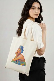 Sacosa de Panza pentru Cumparaturi, Geanta Tote, model Portret Vibrant 2, 38x34.5 cm, Alba, BEKZ®