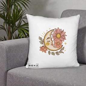 Perna Personalizata Luna Boho Chip Floral, 40x40 cm, Alb Pufos, Husa Detasabila, Perna Inclusa, BEKZ®