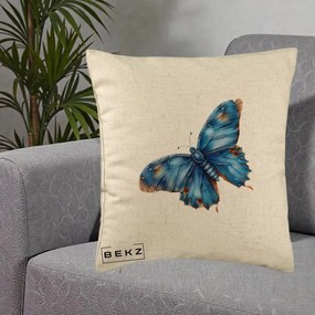 Perna Decorativa Fluture Albastru Satin cu Pete Aurii, 40x40 cm, Bej, Husa Detasabila, Perna Inclusa, BEKZ®