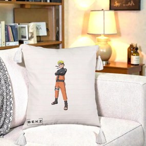 Perna Personalizata Naruto Uzumaki Portret Complet, 40x40 cm, Bej cu Franjuri, Husa Detasabila, Perna Inclusa, BEKZ®