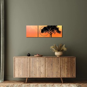 Tablou cu copac în apus de soare (cu ceas) (90x30 cm)