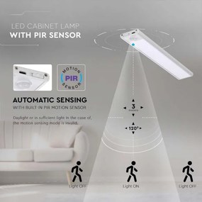 Corp led pentru dulap cu senzor de miscare si acumulator, 2.5 W, lumina neutra(4000K), 260 lm, IP20, argintiu, V-TAC