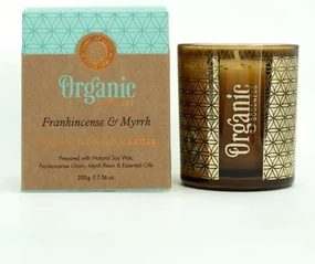 Lumânare aromată organică Frankincense &amp; Myrrh200 g în sticlă cu folie aurie