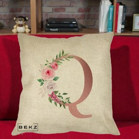 Cadou Personalizat - Perna Personalizata Monograma Rose Gold Litera Q, 40x40 cm, Crem, Husa Detasabila, Perna Inclusa, BEKZ®