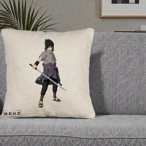 Perna Personalizata Naruto Sasuke Uchiha cu Sabia, 40x40 cm, Bej Canapea, Husa Detasabila, Perna Inclusa, BEKZ®