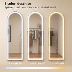 HOMCOM Oglindă de podea arcuită cu lumini, 150x50 cm, de perete și autoportantă, reglabilă, cu funcție de memorie, transparentă | Aosom Romania