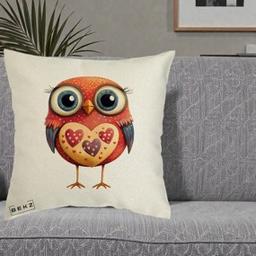 Perna Decorativa Bufnita Rosie cu Inimi Aurii, 40x40 cm, Ecru, Husa Detasabila, Perna Inclusa, BEKZ®