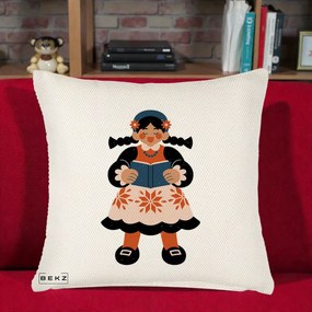 Perna Personalizata Fetita cu Carte Ilustratie Folk, 40x40 cm, Crem Reliefat, Husa Detasabila, Perna Inclusa, BEKZ®