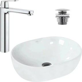 Pachet lavoar pe blat Rea Amelia alb 48 cm, baterie lavoar Grohe Eurosmart Cosmopolitan XL crom si ventil lavoar Click-Clack crom