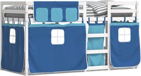 vidaXL Pat supraetajat cu perdele, albastru, 90x190 cm, lemn masiv pin