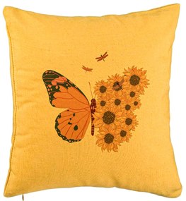 Perna Decorativa, Model SunFlower Butterfly, 40x40 cm, Galben, Husa Detasabila, Burduf