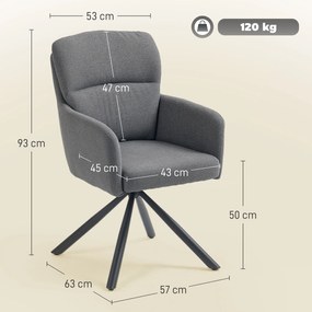 HOMCOM Scaun de dining capitonat, scaun de bucatarie cu perne groase, brate, picioare metalice, Gri | Aosom Romania