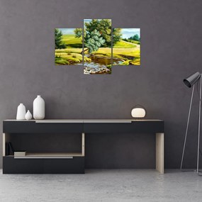 Tablou - Râu între câmpii, pictură în ulei (90x60 cm)