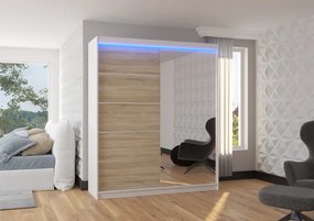 Dulap cu usi glisante si oglinda + iluminare LED, Caro 180 + LED, 180 cmx200 cmx58 cm, ADRK Furniture (Culoare: Ciocolata)