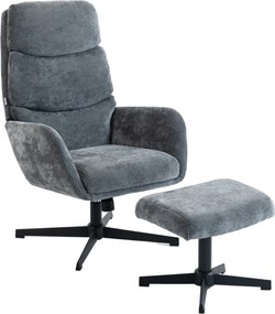 HOMCOM Fotoliu tapițat cu taburet, fotoliu lounge cu spătar înalt, bază metalică, pentru living, dormitor, gri | Aosom Romania