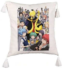 Perna Decorativa cu Franjuri cu Assasination Classroom, 45x45 cm, Ecru, Cu fermoar