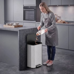 HOMCOM Pubelă de bucătărie dreptunghiulară 30L din oțel inoxidabil, cu închidere silențioasă și găleată detașabilă, argintie | Aosom Romania