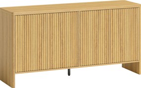 HOMCOM Bufet living, mobilier de depozitare cu 4 uși canelate, raft reglabil, deschidere prin apăsare, 147x40x77cm, stejar | Aosom Romania