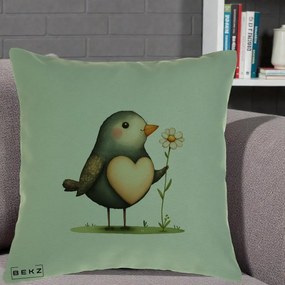 Perna Decorativa Pasare cu Inima si Margareta, 40x40 cm, Verde, Husa Detasabila, Perna Inclusa, BEKZ®
