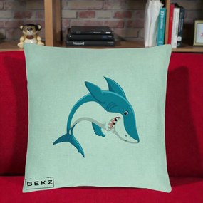Perna Decorativa Rechin Albastru Cartoon, 40x40 cm, Verde Menta, Husa Detasabila, Perna Inclusa, BEKZ®