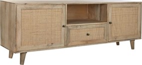 Comodă TV living din lemn de mango, natur, cu 2 uși din ratan împletit, 1 sertar și nișă deschisă, 64 x 180 x 40 cm, „Pornic”