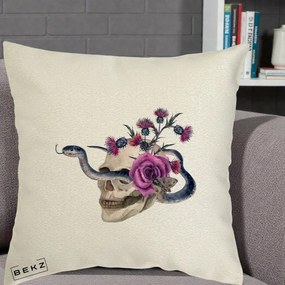 Perna Decorativa Craniu cu Sarpe si Trandafiri Gothic, 40x40 cm, Ecru, Husa Detasabila, Perna Inclusa, BEKZ®
