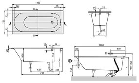 Cada de baie Solo 170x75x45 cm, Quaryl, alba 1700x750 mm