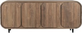 Bufet rustic din lemn de tec reciclat, natur, cu 4 uși cu colțuri rotunjite și picioare din metal negru, 80 x 200 x 45 cm, „Granville”