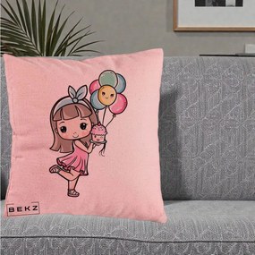 Perna Decorativa Fetita Kawaii cu Baloane si Cupcake, 40x40 cm, Roz, Husa Detasabila, Perna Inclusa, BEKZ®