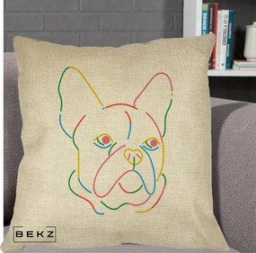 Perna Decorativa Bulldog Francez Line Art Curcubeu, 40x40 cm, Crem, Husa Detasabila, Perna Inclusa, BEKZ®