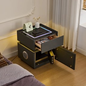 LUNÉA — Noptieră inteligentă cu seif integrat, încărcare wireless, Bluetooth Stereo, iluminare RGB, USB + Type-C și senzor de mișcare, Gri