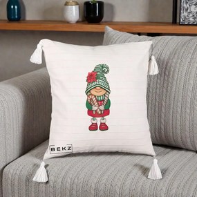 Perna Decorativa Gnom Craciun Verde cu Bomboane si Floare, 40x40 cm, Bej cu Franjuri, Husa Detasabila, Perna Inclusa, BEKZ®