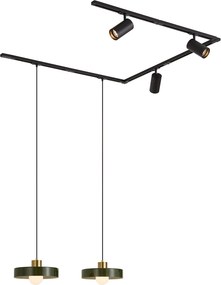 Sistem de șine modern negru cu 2 pendule verzi și 3 spoturi monofazate - Iconic Jeana Luxe Jina