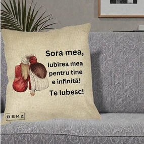 Cadou pentru Sora - Perna Personalizata Sora Mea Te Iubesc Doua Fete Iarna Acuarela, 40x40 cm, Crem, Husa Detasabila, Perna Inclusa, BEKZ®