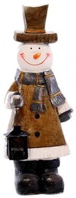 Decoratiune iarna, ceramica, om de zapada cu felinar, loc pentru lumanare, maro si alb, 20x15x54 cm, Chomik