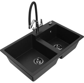 Chiuvetă Granit Mexen Tomas cu 2 Compartimente și Baterie Bucătărie Duo, negru - 6516-77-671701-07-B