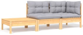vidaXL Set mobilier grădină cu perne, 3 piese, gri, lemn masiv pin