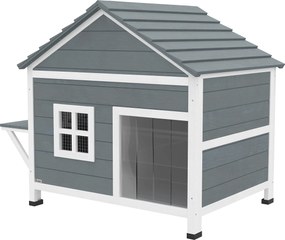 PawHut Casă pentru pisici din lemn, 2 etaje, acoperiș rabatabil rezistent la apă, platformă laterală, 101x72,5x81cm, Gri | Aosom Romania