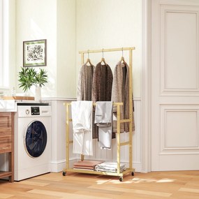 HOMCOM Suport pentru haine cu 2 bare, raft inferior și 4 roți din bambus, 80x40x160 cm, lemn natural | Aosom Romania