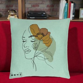 Perna Decorativa Portret Feminin Mac Mare Portocaliu, 40x40 cm, Verde Menta, Husa Detasabila, Perna Inclusa, BEKZ®