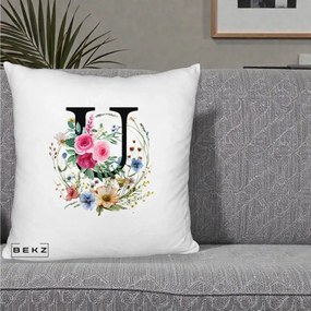 Cadou Personalizat - Perna Personalizata Monogram Litera U cu Flori Acuarela, 40x40 cm, Alb Pufos, Husa Detasabila, Perna Inclusa, BEKZ®