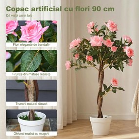 Outsunny Plantă Artificială de Trandafiri cu 21 de Flori, Ghiveci Umplut cu Ciment și Mușchi, Ø18x90 cm, Roz | Aosom Romania