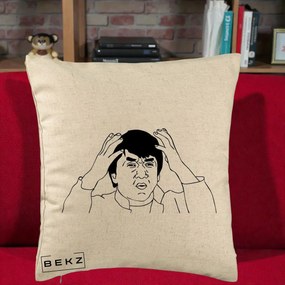 Perna Decorativa Jackie Chan WTF, 40x40 cm, Bej, Husa Detasabila, Perna Inclusa, BEKZ®
