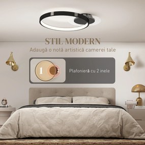 HOMCOM Lampă de tavan LED Modernă de 40W cu 2 Inele și Lumină Reglabilă, Negru | Aosom Romania